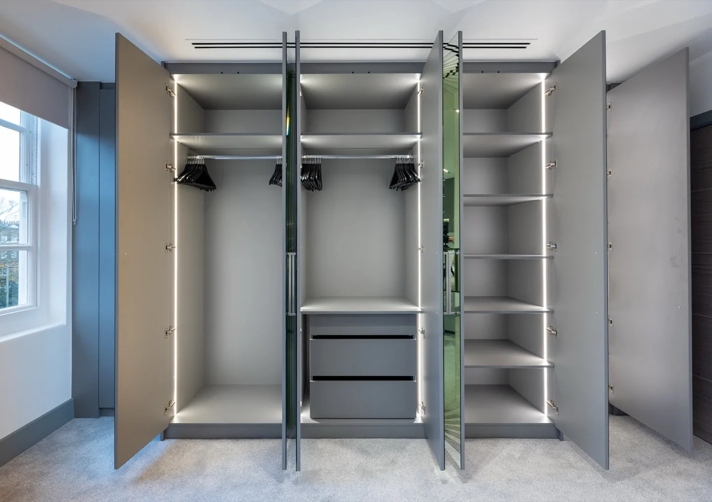 Bespoke fitted wardrobe open led interior centre mirror — Kensington