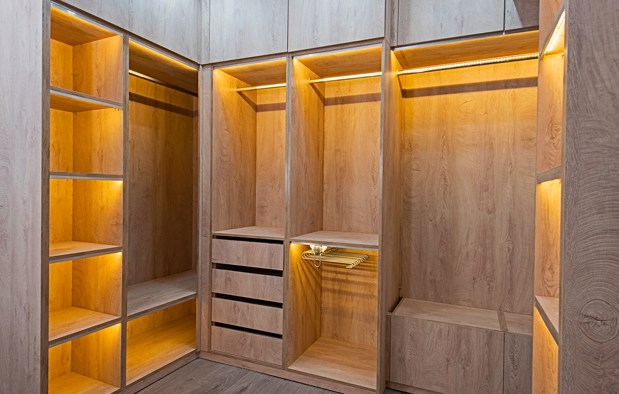 walk in wood wardrobe.