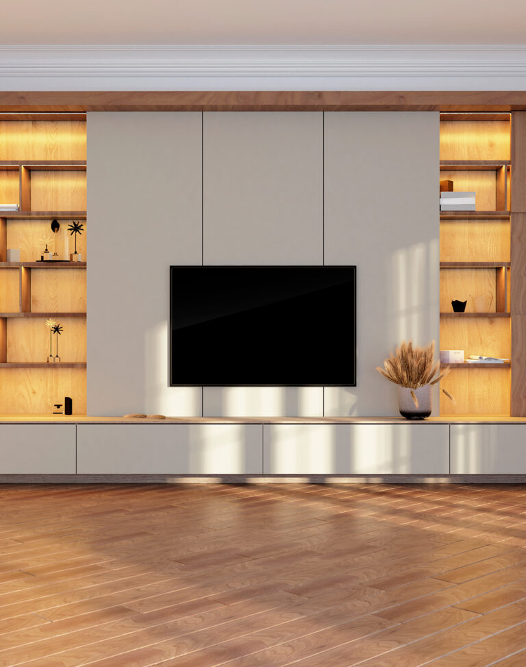 large tv media unit, white light wood colour.