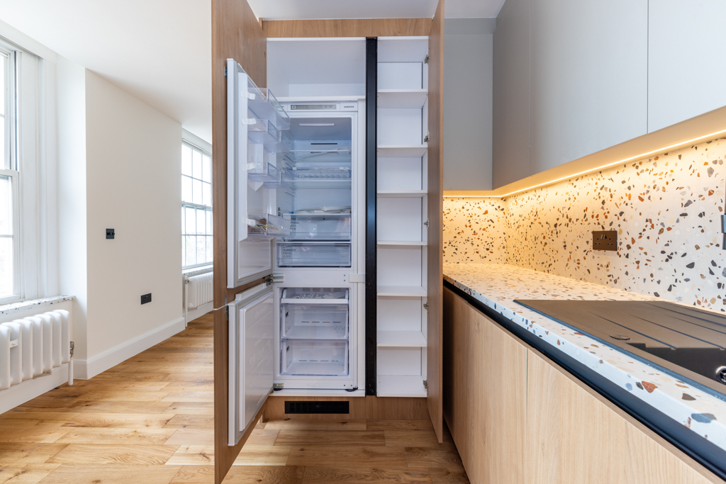 open refrigerator in kitchen